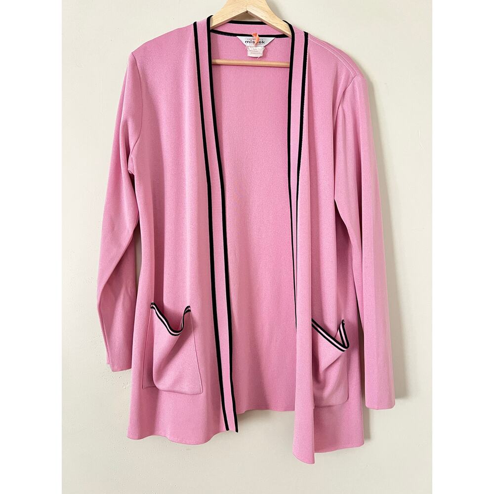 Exclusively Misook Acrylic Cardigan Open Front Medium Pink Colorblock Travel